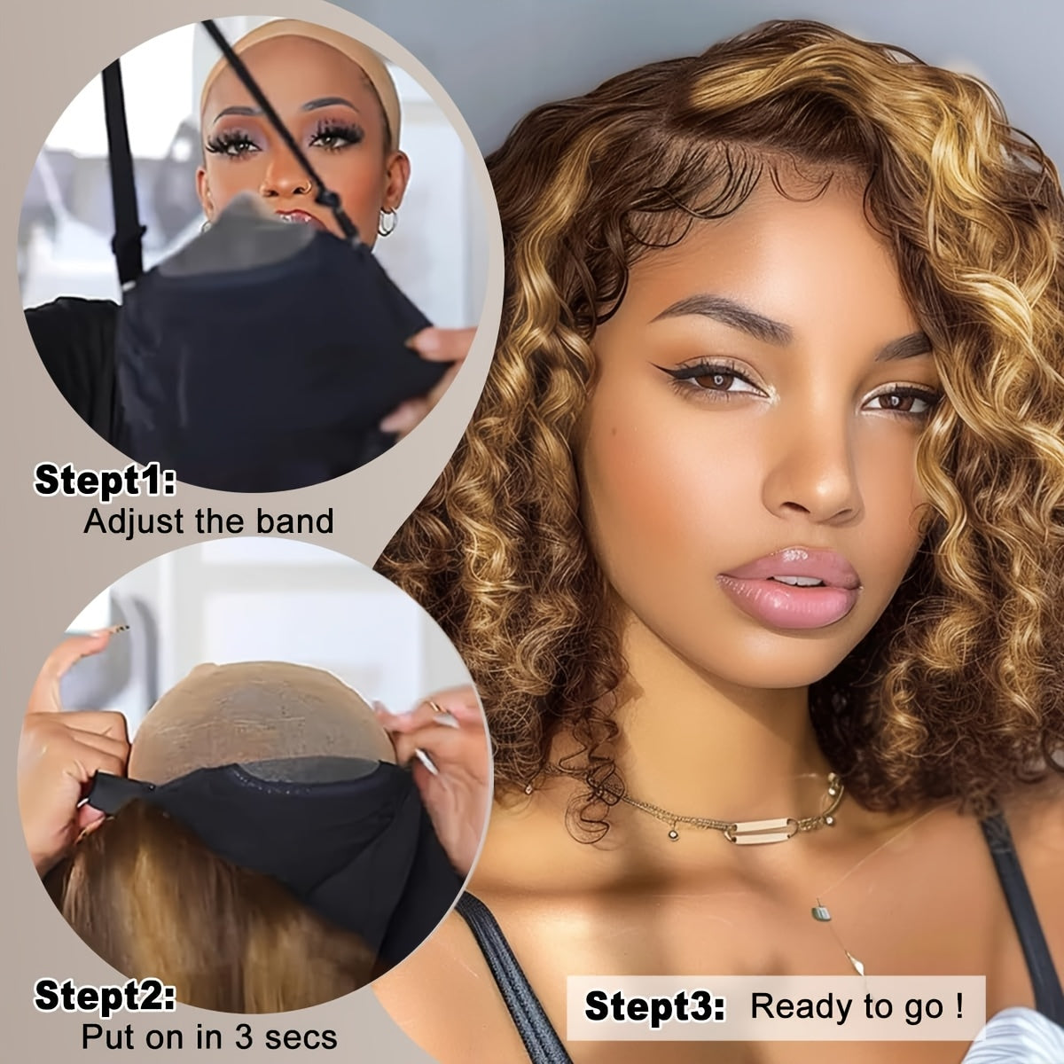 Natural Look For Women, Short Bob Honey Blonde Ombre Curly Lace Front Wig - 13x4 HD Human Hair, Pre-Plucked With Baby Hair, 250% Density Water Wave, Highlighted Gradient Color Transition, Hair Wig Perfect For Beginners