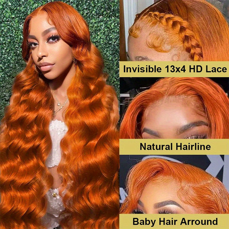 Hair Sophisticated 34" Ginger Orange Body Wave Lace Front Wig – 13x4 HD Transparent, Brazilian Virgin Human Hair, 200% Density, Pre-Plucked with Baby Hair, Natural Hairline, Christmas Gift for Women