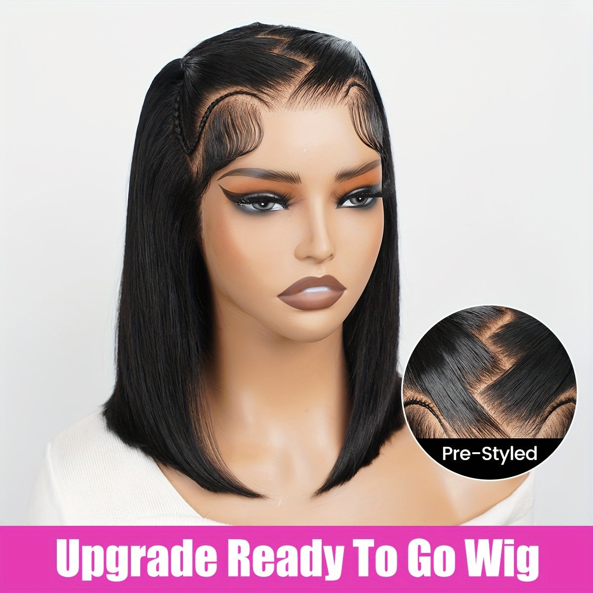 Alipearl Hair Glueless Styled Short BOB Wig Straight Pre-Styled 13x4 Ready To Go Lace Frontal Wig Put On And Go Human Hair Wigs Pre Bleached Pre Cut Pre Plucked 250% Density