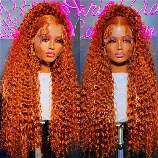 200 Density Ginger Curly Human Hair Wig - Pre-Plucked Deep Wave Lace Front Wig with 13x4 HD Transparent Lace, Elegant Style for Women, Perfect for Black Individuals, Natural Look & Full Coverage