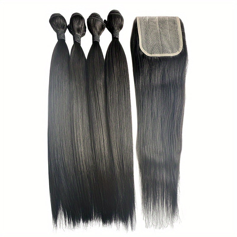 Hair Sophisticated 200G 30% Blended Human Hair Bundles – 4 Packs Straight 16-Inch with Wavy Extensions & 4x4 Lace Closure (40G), Natural Look Hair Weave Set for Women