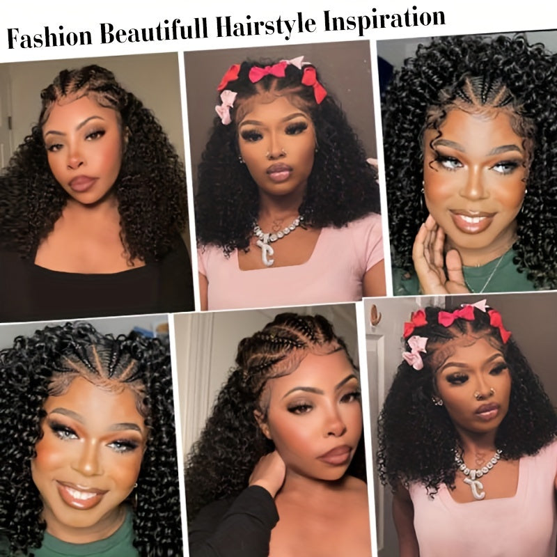 Alipearl Hair 13x4 Lace Front Braided Wig - Half-Cornrows Half-Deep Curly Human Hair, 180% Density, Natural Black with Twisted Braiding Design, Elegant Style for Women