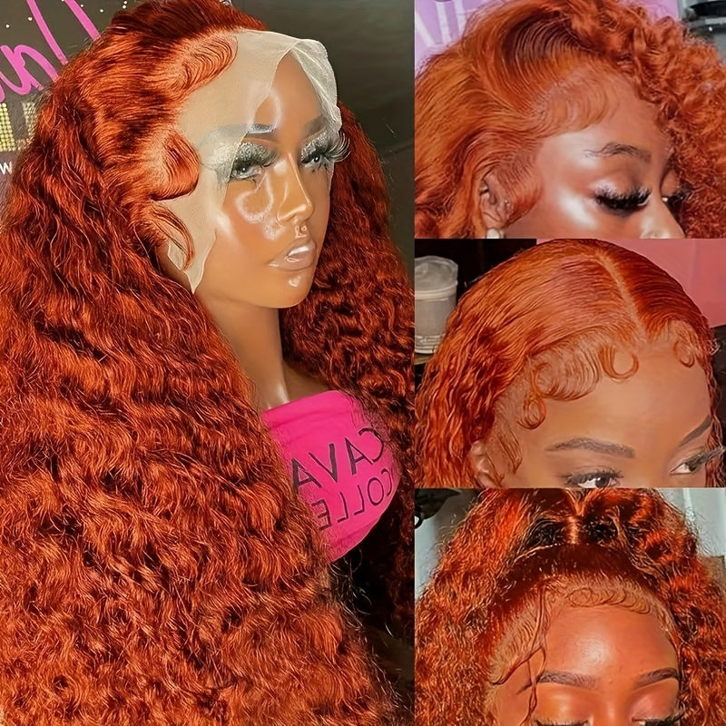 200 Density Ginger Curly Human Hair Wig - Pre-Plucked Deep Wave Lace Front Wig with 13x4 HD Transparent Lace, Elegant Style for Women, Perfect for Black Individuals, Natural Look & Full Coverage