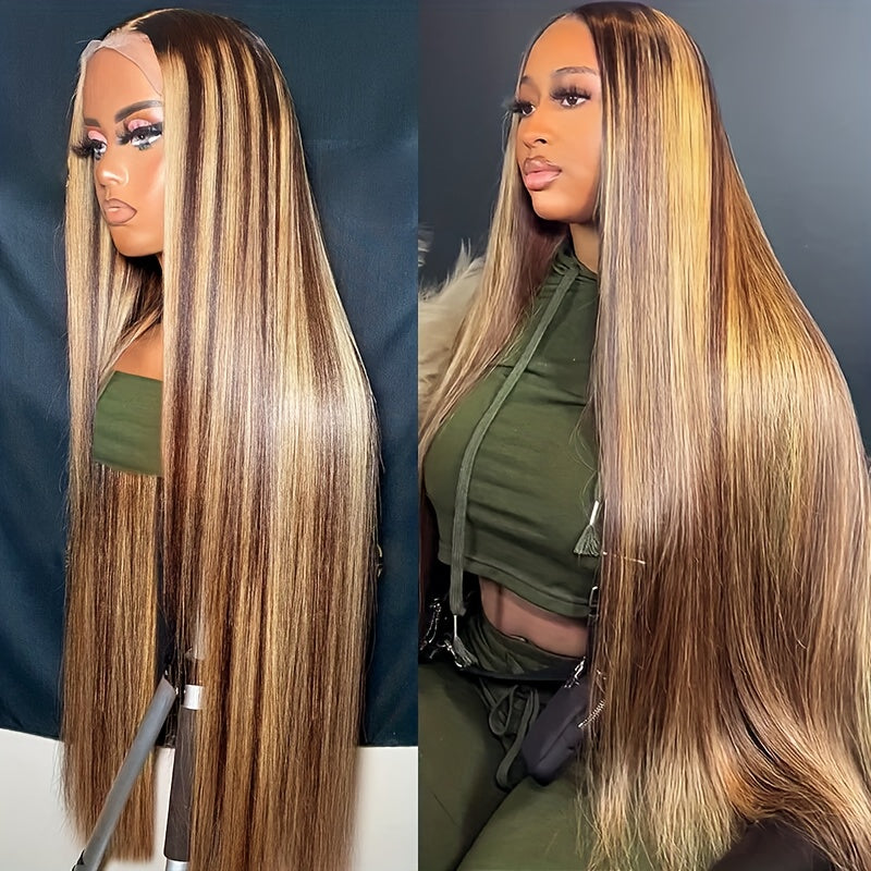 Hair Sophisticated P4/27 Highlight Straight Wig โ 13x4 HD Transparent Lace Front, Brazilian Human Hair, 180% Density, Pre-Plucked Natural Hairline