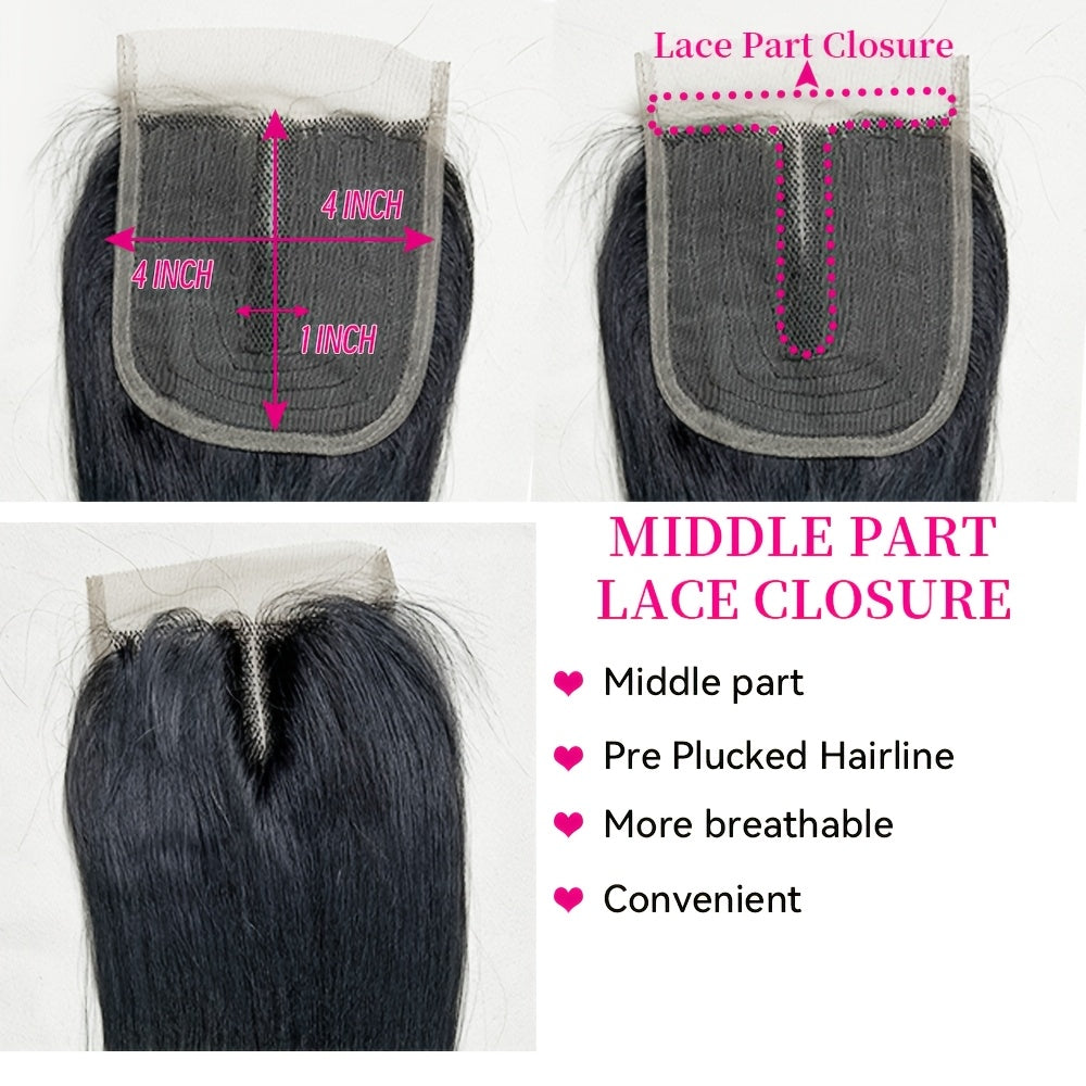 Hair Sophisticated 4 Bundles Straight 100% Unprocessed Human Hair with 4x4 T-Part Lace Closure – Natural Black, Seamless Blend for All Ethnicities