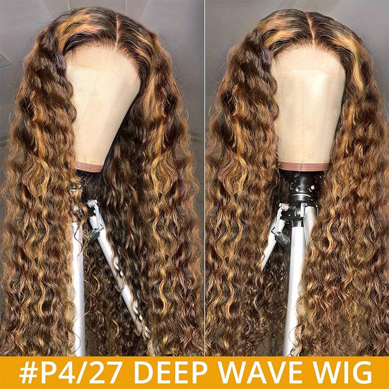 250% Density Human Hair 13x4 Lace Front Long Loose Deep Wave Wig with Honey Blonde Highlights and Ombre P4/27 Transparent Lace