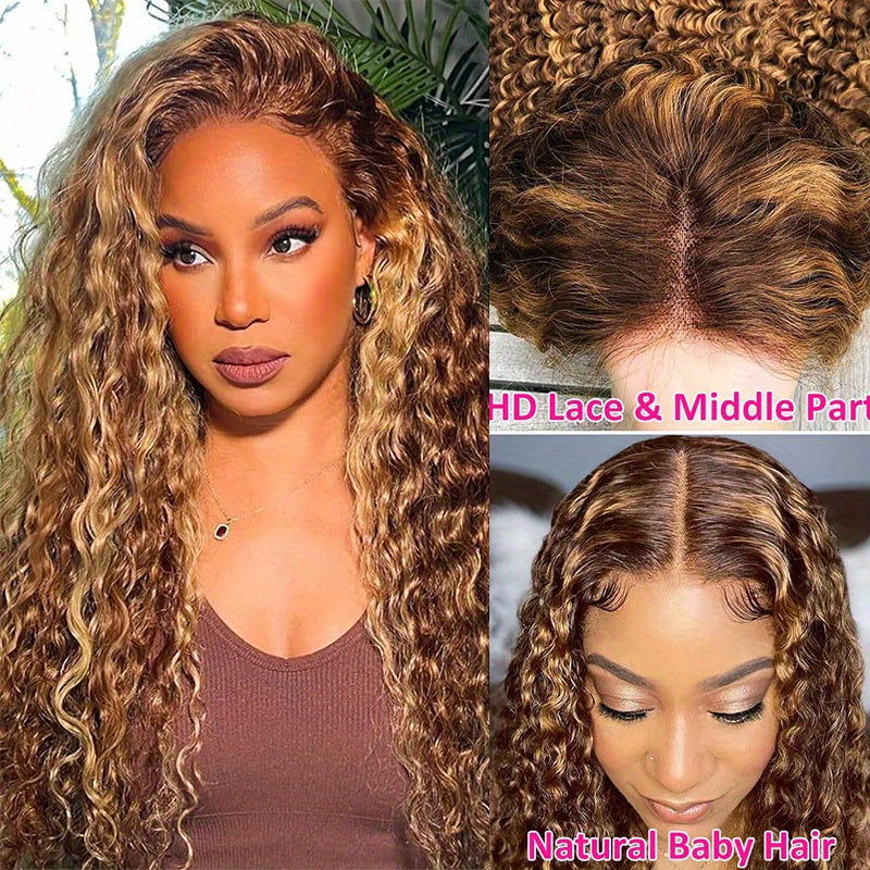 250% Density Human Hair 13x4 Lace Front Long Loose Deep Wave Wig with Honey Blonde Highlights and Ombre P4/27 Transparent Lace