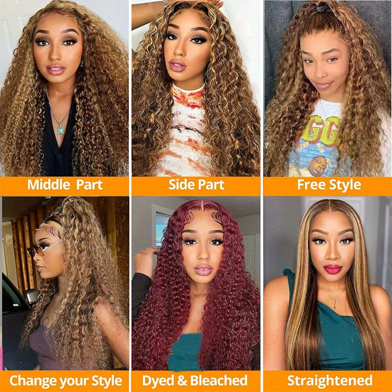 250% Density Human Hair 13x4 Lace Front Long Loose Deep Wave Wig with Honey Blonde Highlights and Ombre P4/27 Transparent Lace