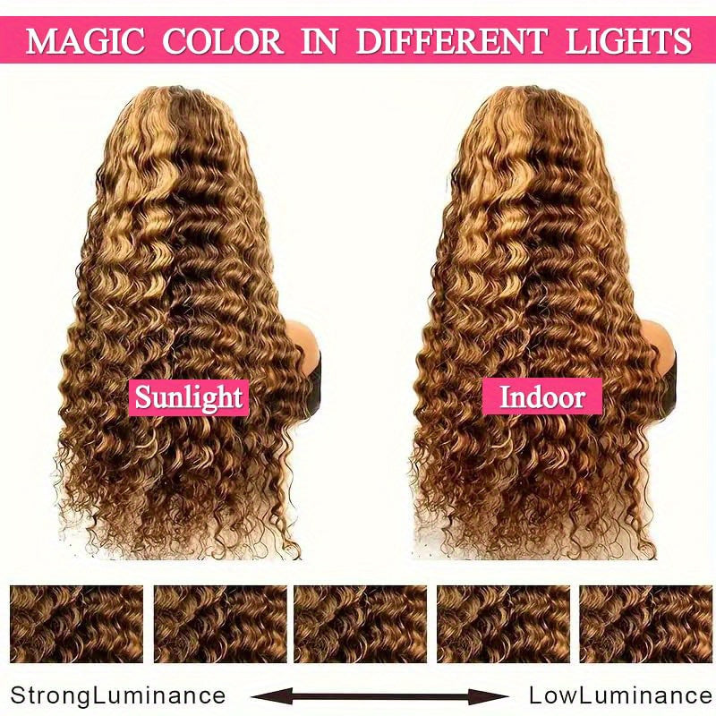 250% Density Human Hair 13x4 Lace Front Long Loose Deep Wave Wig with Honey Blonde Highlights and Ombre P4/27 Transparent Lace