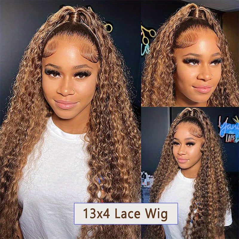 250% Density Human Hair 13x4 Lace Front Long Loose Deep Wave Wig with Honey Blonde Highlights and Ombre P4/27 Transparent Lace