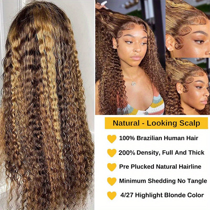 250% Density Human Hair 13x4 Lace Front Long Loose Deep Wave Wig with Honey Blonde Highlights and Ombre P4/27 Transparent Lace
