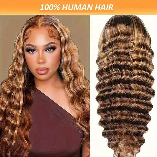 250% Density Human Hair 13x4 Lace Front Long Loose Deep Wave Wig with Honey Blonde Highlights and Ombre P4/27 Transparent Lace