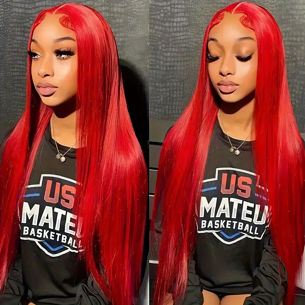 Hair Sophisticated Red Lace Front Wig – 13x4 HD Transparent Straight Human Hair Wig, 200% Density, Glueless, Pre-Plucked with Baby Hair, Bold & Elegant Look for Women