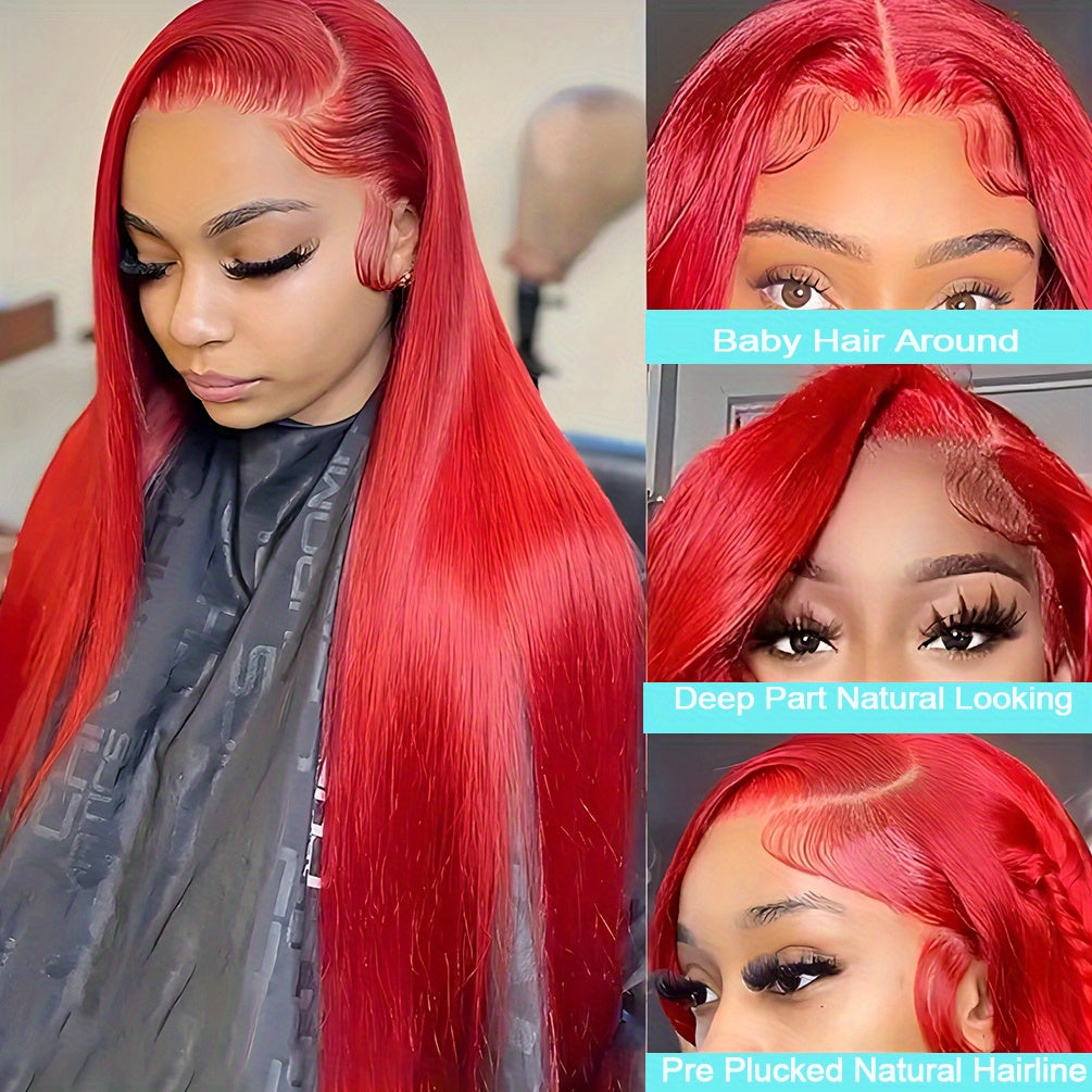 Hair Sophisticated Red Lace Front Wig – 13x4 HD Transparent Straight Human Hair Wig, 200% Density, Glueless, Pre-Plucked with Baby Hair, Bold & Elegant Look for Women