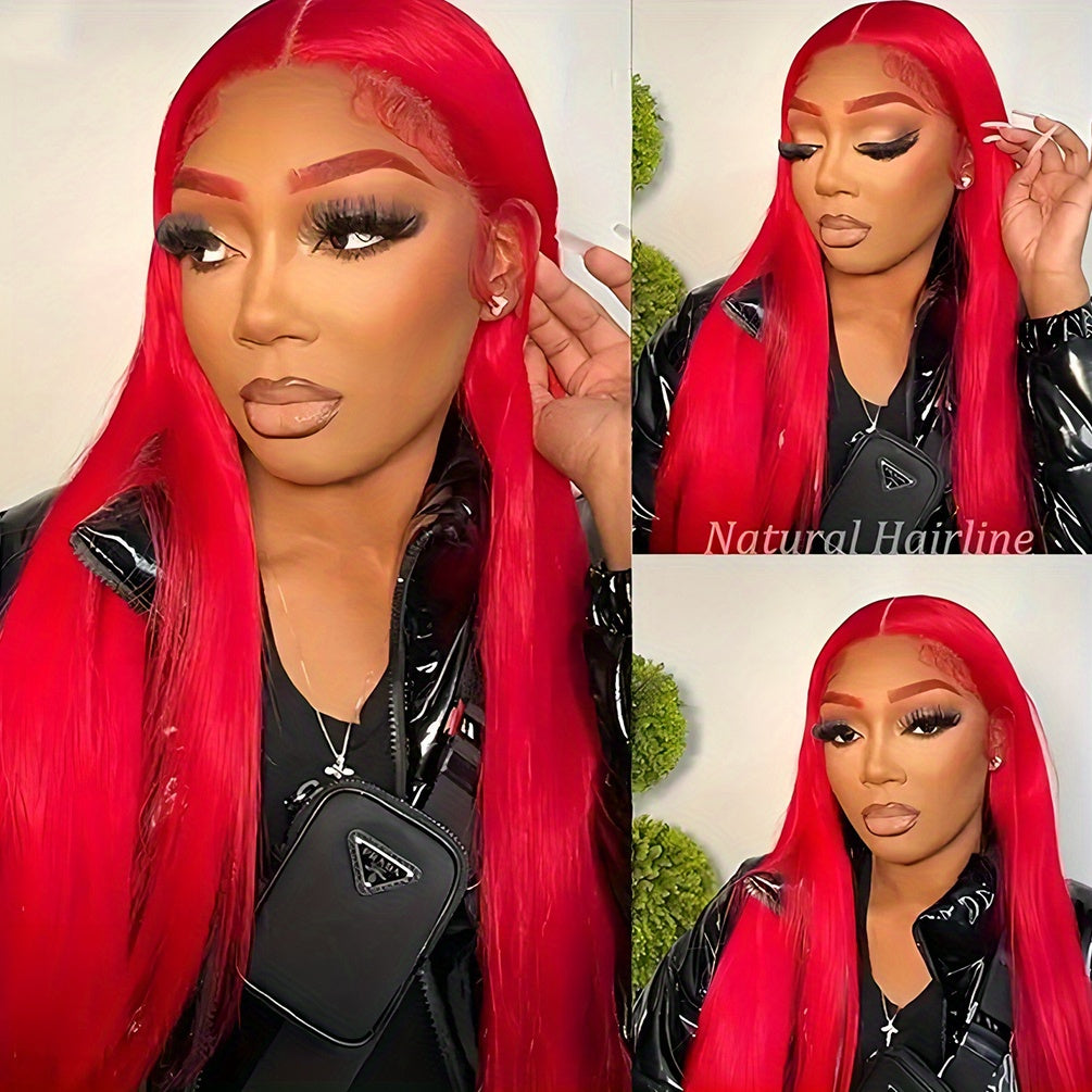 Hair Sophisticated Red Lace Front Wig – 13x4 HD Transparent Straight Human Hair Wig, 200% Density, Glueless, Pre-Plucked with Baby Hair, Bold & Elegant Look for Women