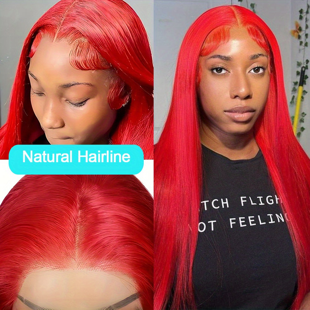 Hair Sophisticated Red Lace Front Wig – 13x4 HD Transparent Straight Human Hair Wig, 200% Density, Glueless, Pre-Plucked with Baby Hair, Bold & Elegant Look for Women