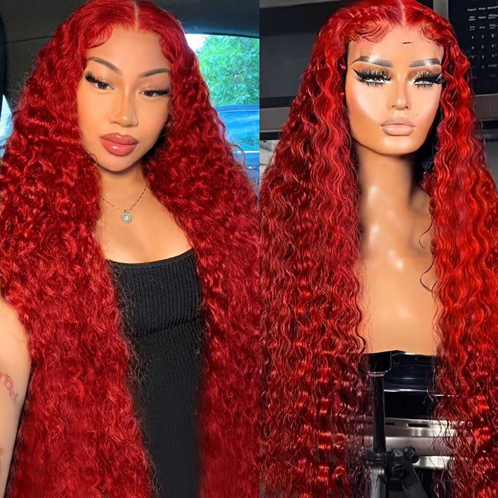 Red Color Loose Deep Wave 13x4 Transparent Lace Front Wigs for Women with Pre Plucked Glueless Wig Pre Plucked with Baby Hair Full Edges Middle Part Lace Wig for Women Girls Tax Rebate Hot Selling 230 Density