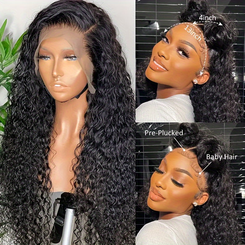 13*4 Water Wave Lace Front Glueless Human Hair Wig For Women - 200% Density, HD Deep Curly Frontal Wig - Wet And Wavy Ready To Wear