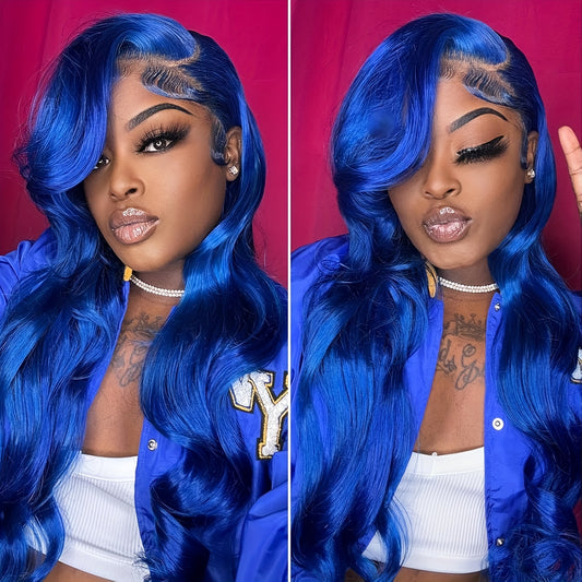 Hair Sophisticated Blue Body Wave Lace Front Wig – 13x4 HD Lace, 100% Human Hair, Pre-Plucked, Glueless, 12A Grade, 180% Density, Vibrant Colored Wig for Women
