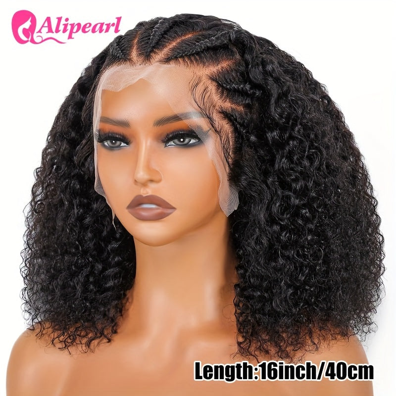 Alipearl Hair 13x4 Lace Front Braided Wig - Half-Cornrows Half-Deep Curly Human Hair, 180% Density, Natural Black with Twisted Braiding Design, Elegant Style for Women