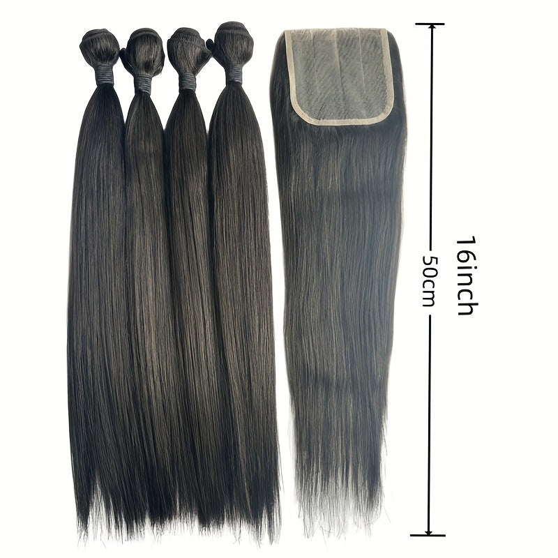 Hair Sophisticated 200G 30% Blended Human Hair Bundles – 4 Packs Straight 16-Inch with Wavy Extensions & 4x4 Lace Closure (40G), Natural Look Hair Weave Set for Women