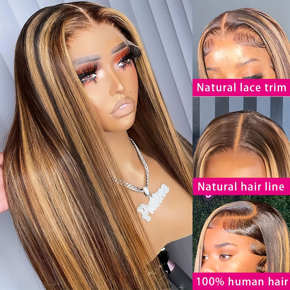 Hair Sophisticated P4/27 Highlight Straight Wig โ 13x4 HD Transparent Lace Front, Brazilian Human Hair, 180% Density, Pre-Plucked Natural Hairline
