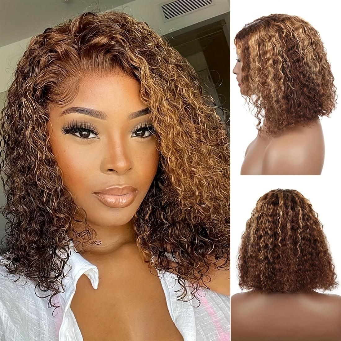 12-16 Inch Burgundy 99J Water Wave Bob Wig, 13x4 HD Human Hair, Pre-Plucked with Baby Hair, Ombre Highlight P4/27, Natural Looking Realistic Hairline, Versatile Styling Options, Elegant Wine Red Curly Style for Women, Hair Wi