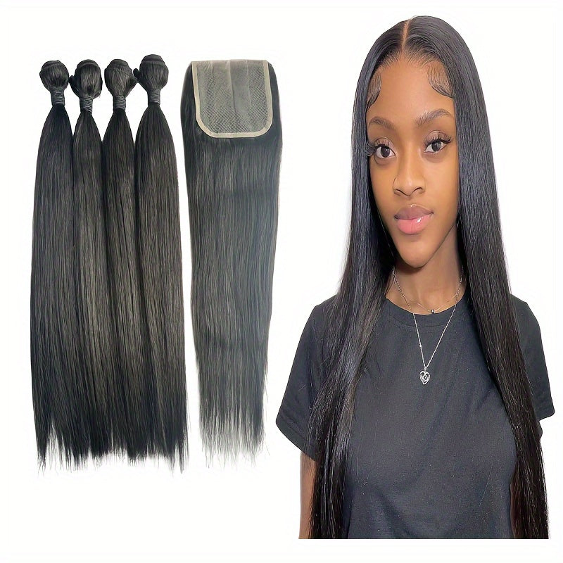 Hair Sophisticated 200G 30% Blended Human Hair Bundles – 4 Packs Straight 16-Inch with Wavy Extensions & 4x4 Lace Closure (40G), Natural Look Hair Weave Set for Women