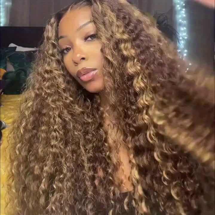 250% Density Human Hair 13x4 Lace Front Long Loose Deep Wave Wig with Honey Blonde Highlights and Ombre P4/27 Transparent Lace