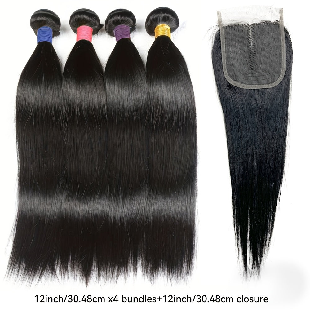 Hair Sophisticated 4 Bundles Straight 100% Unprocessed Human Hair with 4x4 T-Part Lace Closure – Natural Black, Seamless Blend for All Ethnicities