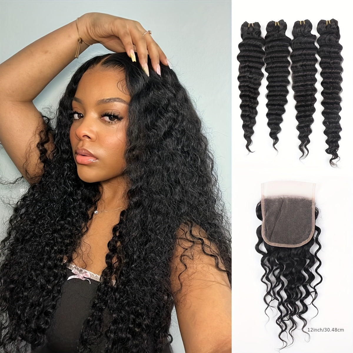 Hair Sophisticated™ – Deep Essence Set 4 Bundles Brazilian Deep Wave + 4x4 HD Lace Closure | Wet & Wavy Look | Mesh Bag Included