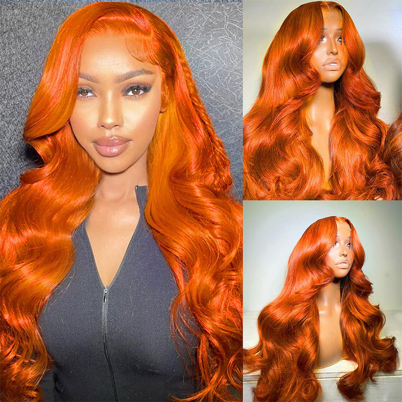 Hair Sophisticated 34" Ginger Orange Body Wave Lace Front Wig – 13x4 HD Transparent, Brazilian Virgin Human Hair, 200% Density, Pre-Plucked with Baby Hair, Natural Hairline, Christmas Gift for Women
