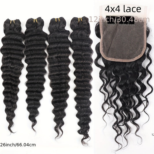 Hair Sophisticated™ – Deep Essence Set 4 Bundles Brazilian Deep Wave + 4x4 HD Lace Closure | Wet & Wavy Look | Mesh Bag Included