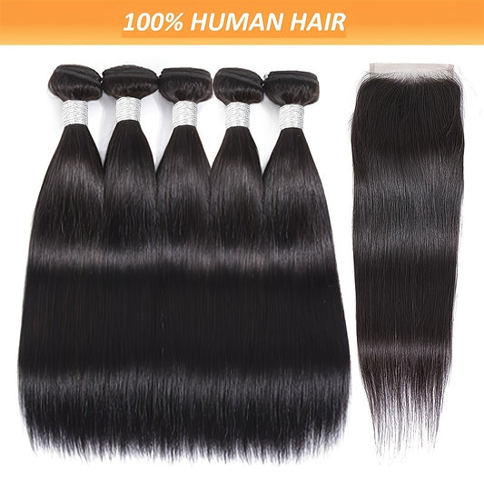 5 Bundles Brazilian Remy Human Hair Extensions with 4x4 Transparent Lace Closure - Straight Black Hair for Women, Remy Human Hair Look, Versatile Styling Options