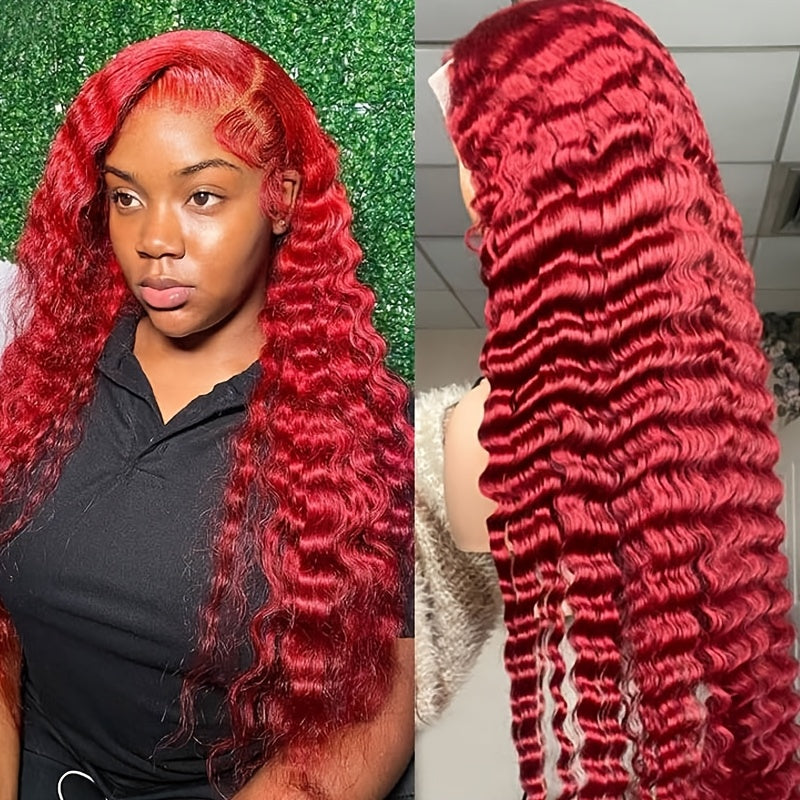 Red Color Loose Deep Wave 13x4 Transparent Lace Front Wigs for Women with Pre Plucked Glueless Wig Pre Plucked with Baby Hair Full Edges Middle Part Lace Wig for Women Girls Tax Rebate Hot Selling 230 Density