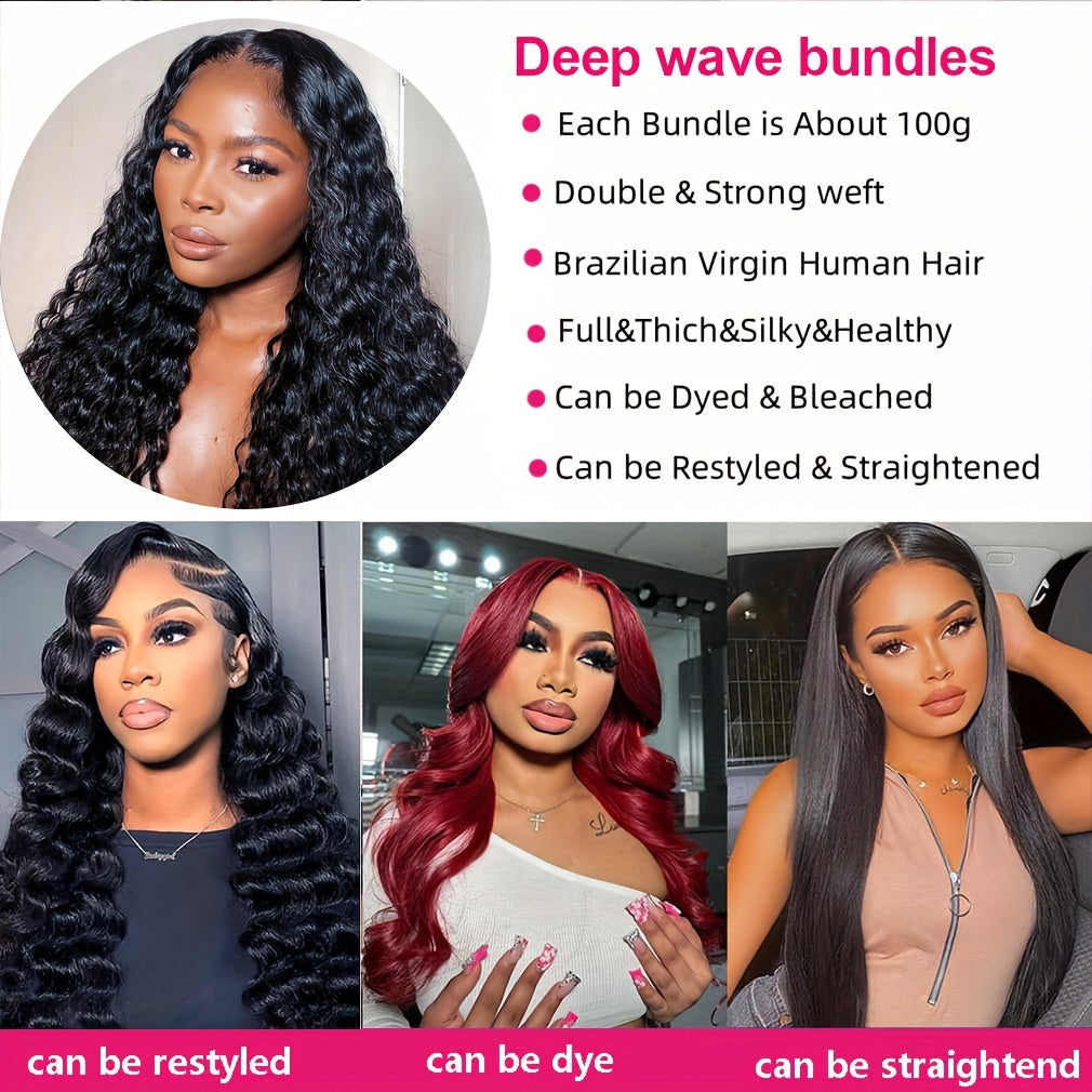 Hair Sophisticated™ – Deep Essence Set 4 Bundles Brazilian Deep Wave + 4x4 HD Lace Closure | Wet & Wavy Look | Mesh Bag Included