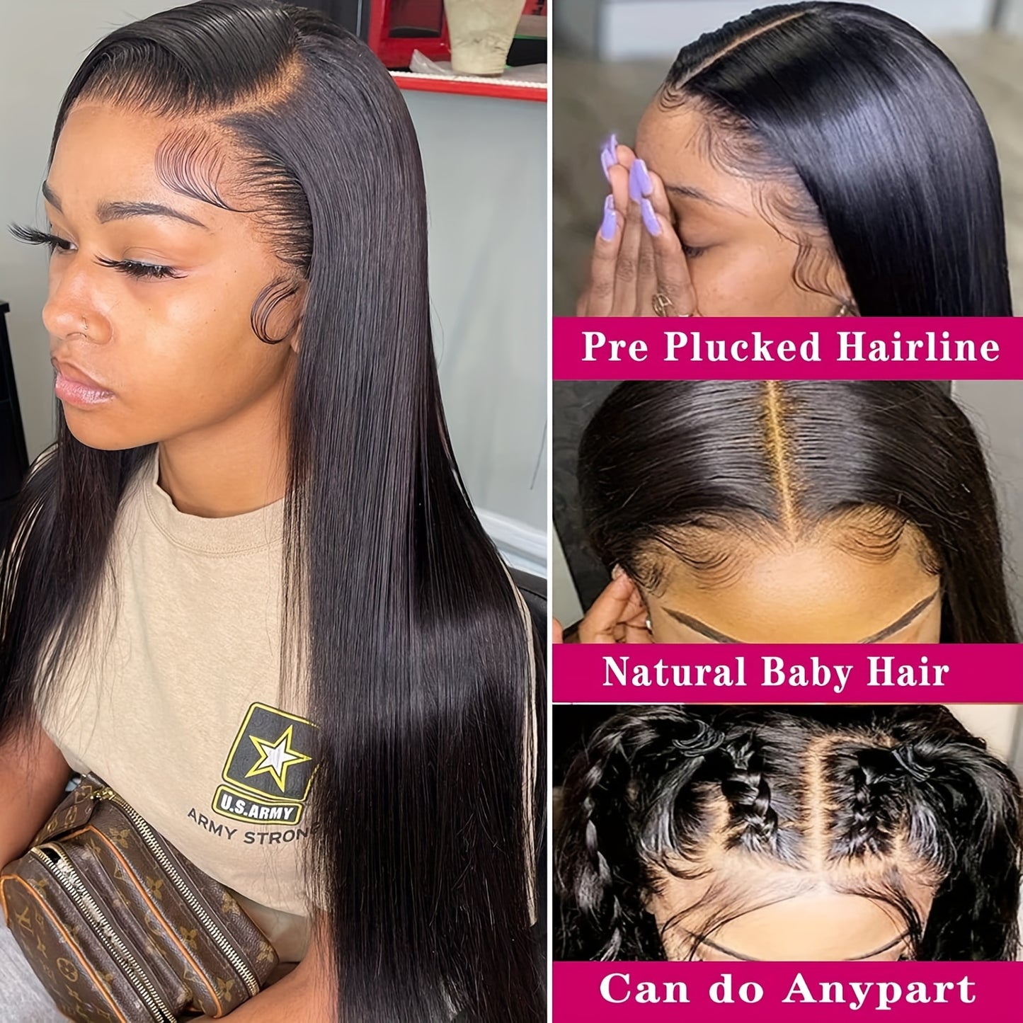 Hair Sophisticated 250% Density Straight Glueless Lace Front Wig – 13x4 HD Transparent Brazilian Virgin Human Hair, Pre-Plucked with Baby Hair, Natural Black Wig for Women
