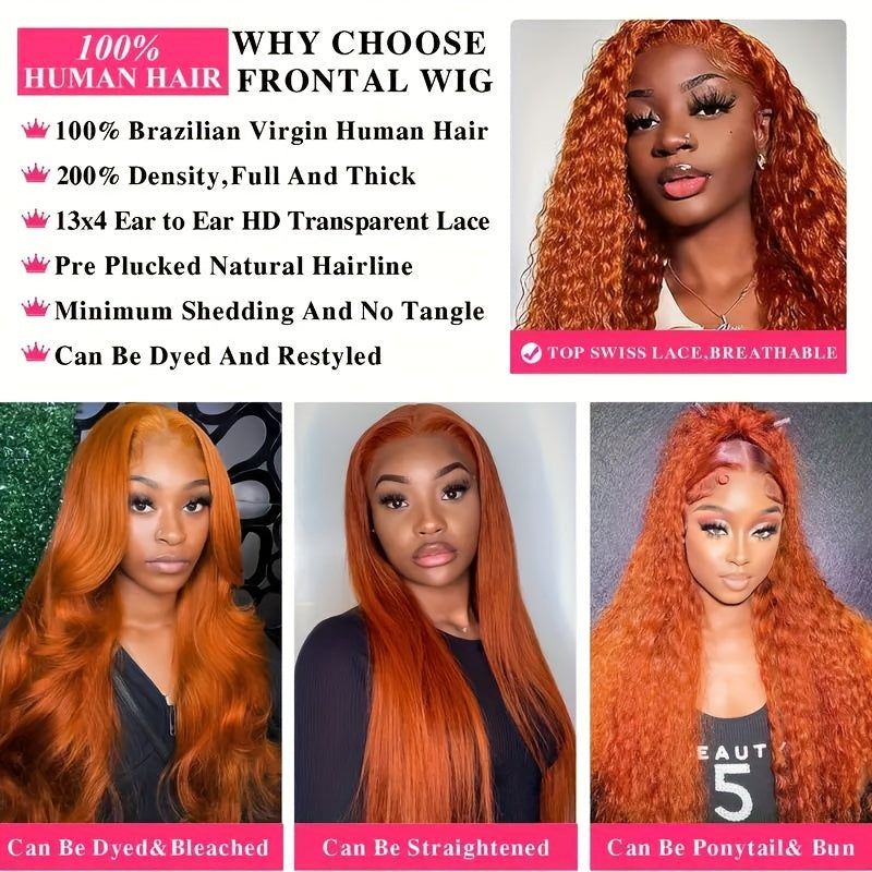 200 Density Ginger Curly Human Hair Wig - Pre-Plucked Deep Wave Lace Front Wig with 13x4 HD Transparent Lace, Elegant Style for Women, Perfect for Black Individuals, Natural Look & Full Coverage