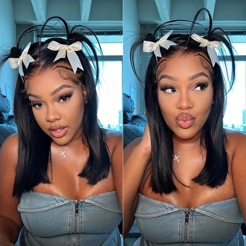Alipearl Hair Glueless Styled Short BOB Wig Straight Pre-Styled 13x4 Ready To Go Lace Frontal Wig Put On And Go Human Hair Wigs Pre Bleached Pre Cut Pre Plucked 250% Density