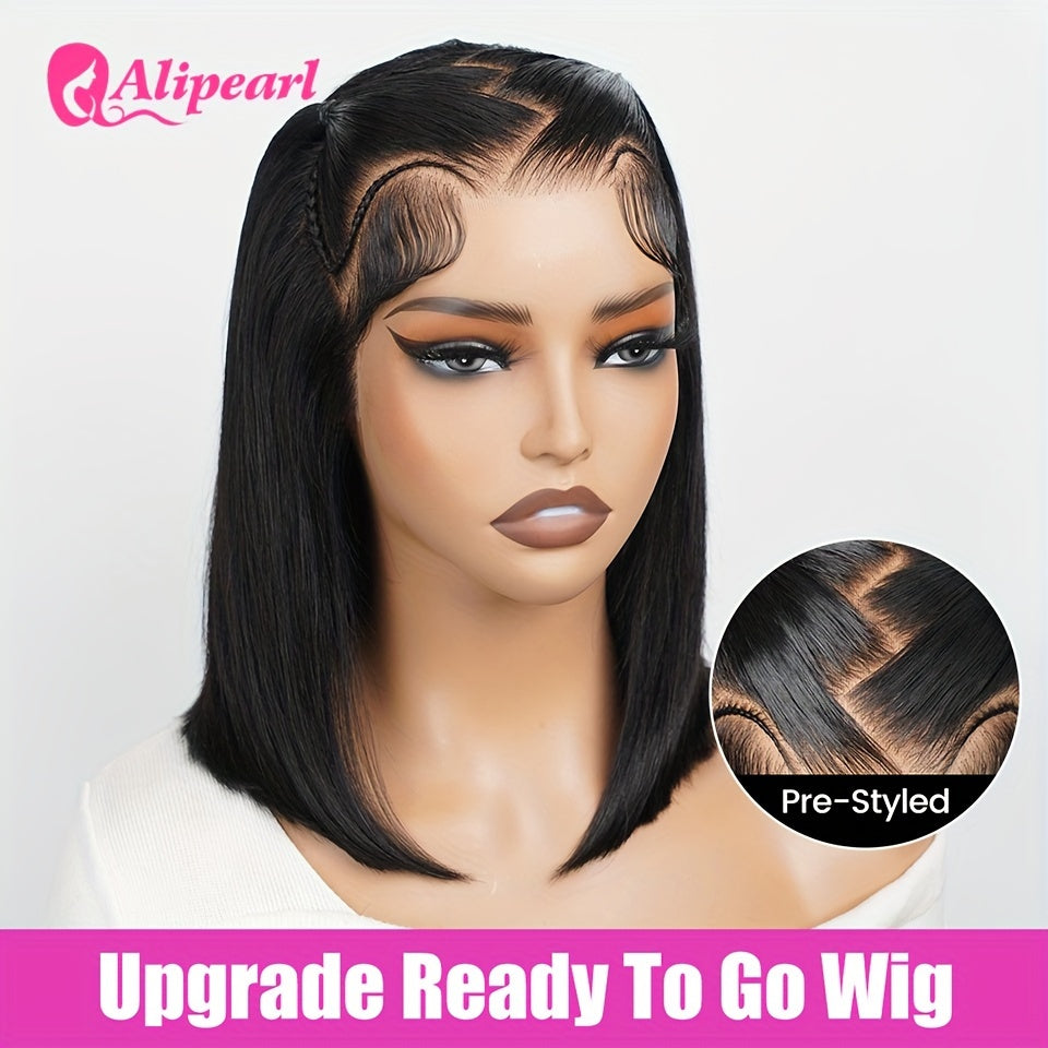 Alipearl Hair Glueless Styled Short BOB Wig Straight Pre-Styled 13x4 Ready To Go Lace Frontal Wig Put On And Go Human Hair Wigs Pre Bleached Pre Cut Pre Plucked 250% Density