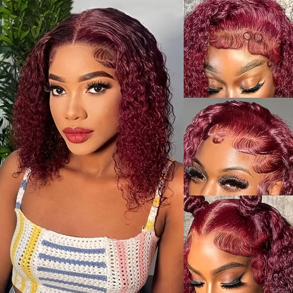 12-16 Inch Burgundy 99J Water Wave Bob Wig, 13x4 HD Human Hair, Pre-Plucked with Baby Hair, Ombre Highlight P4/27, Natural Looking Realistic Hairline, Versatile Styling Options, Elegant Wine Red Curly Style for Women, Hair Wi