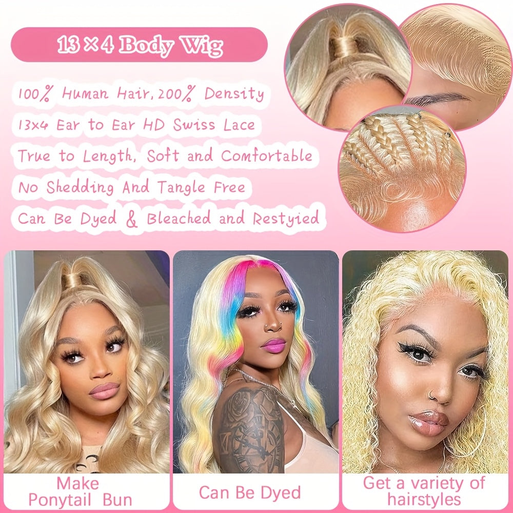 Hair Sophisticated 613 Blonde Body Wave Lace Front Wig – 13x4 HD Transparent Indian Virgin Human Hair, 180% Density, Pre-Plucked Lace Wig for Women