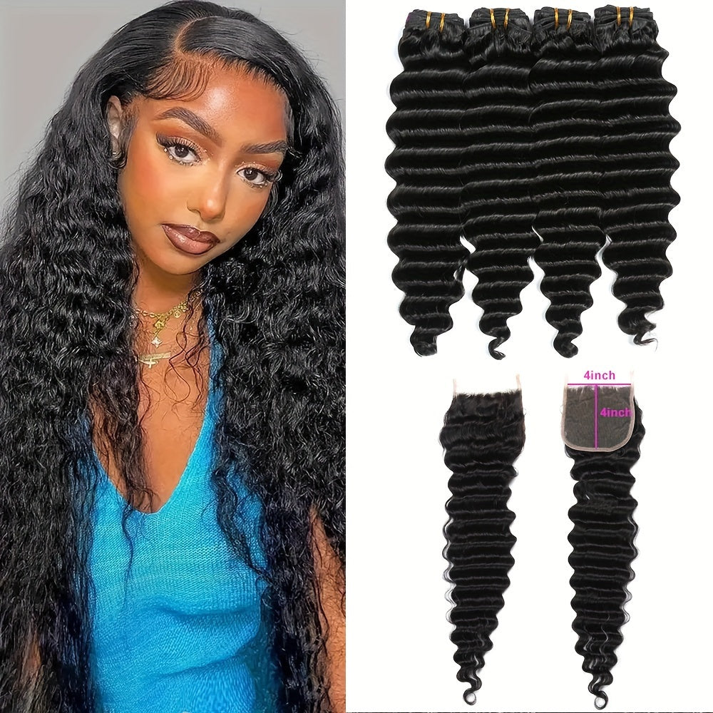 Hair Sophisticated Brazilian Deep Wave Human Hair – 4 Bundles + 4x4 Transparent Lace Closure | 100% Unprocessed Virgin Hair | Free Part | 5-Piece Bundle Deal