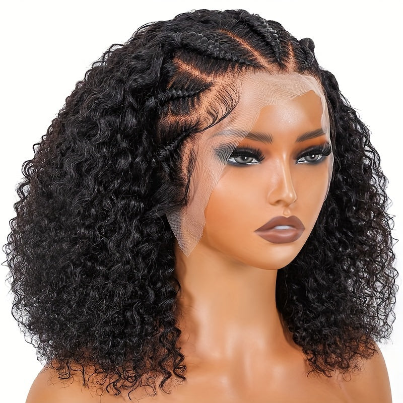 Alipearl Hair 13x4 Lace Front Braided Wig - Half-Cornrows Half-Deep Curly Human Hair, 180% Density, Natural Black with Twisted Braiding Design, Elegant Style for Women