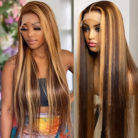Hair Sophisticated P4/27 Highlight Straight Wig – 13x4 HD Transparent Lace Front, Brazilian Human Hair, 180% Density, Pre-Plucked Natural Hairline