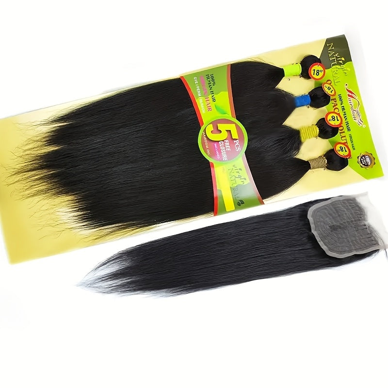 Hair Sophisticated 4 Bundles Straight 100% Unprocessed Human Hair with 4x4 T-Part Lace Closure – Natural Black, Seamless Blend for All Ethnicities