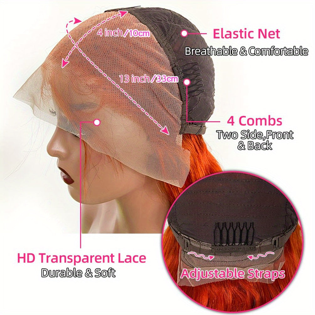 Hair Sophisticated 34" Ginger Orange Body Wave Lace Front Wig – 13x4 HD Transparent, Brazilian Virgin Human Hair, 200% Density, Pre-Plucked with Baby Hair, Natural Hairline, Christmas Gift for Women