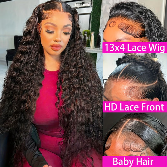 200% Density Bye Bye Knots13x4 Deep Wave Lace Front Wigs 13*4 HD Transparent Deep Wave Hair Glueless Curly Wigs For Women (26/32inch) 13x4 Curly Wave With Full Edges Baby Hair Black Long Water Wave Pre Plucked Lace Front Wig
