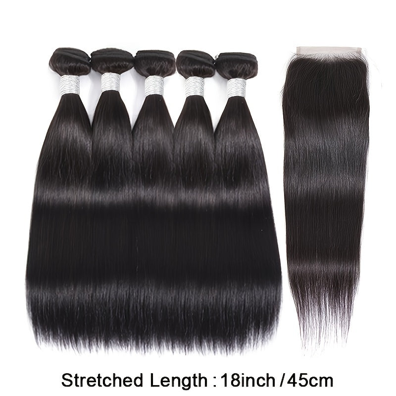 5 Bundles Brazilian Remy Human Hair Extensions with 4x4 Transparent Lace Closure - Straight Black Hair for Women, Remy Human Hair Look, Versatile Styling Options