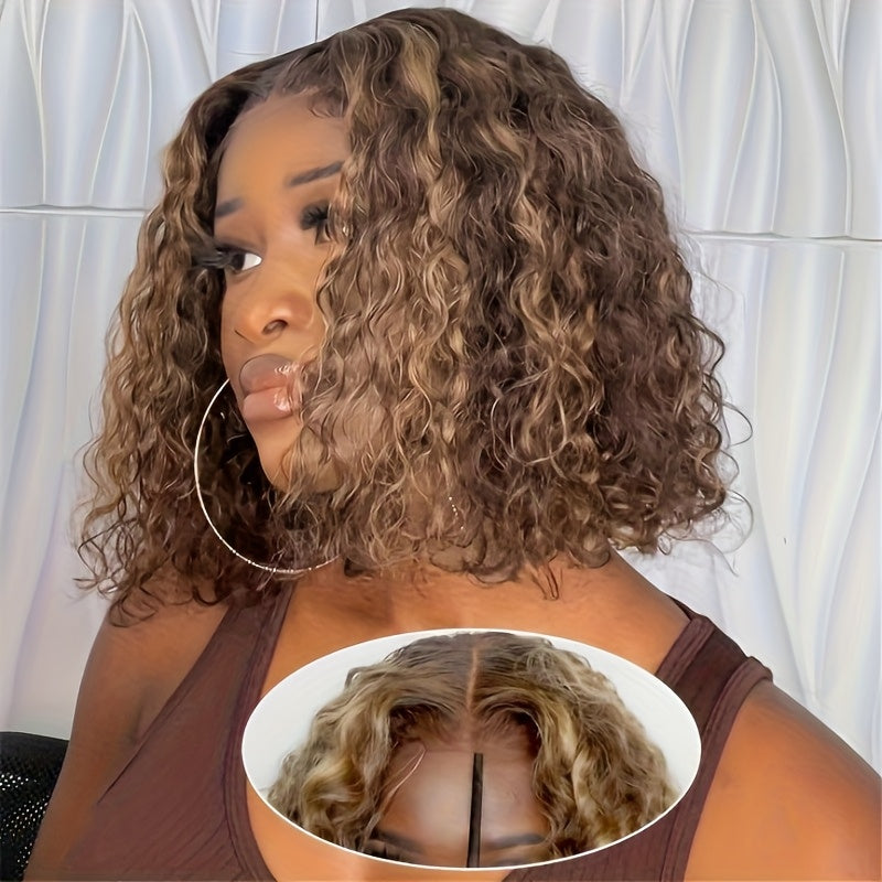 Natural Look For Women, Short Bob Honey Blonde Ombre Curly Lace Front Wig - 13x4 HD Human Hair, Pre-Plucked With Baby Hair, 250% Density Water Wave, Highlighted Gradient Color Transition, Hair Wig Perfect For Beginners
